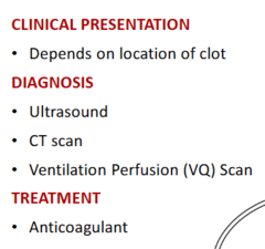 <p>-location dependent</p><p>-dx: ultrasound, CT scan, ventilation perfusion (VQ) scan</p><p>-tx: anticoagulant</p>
