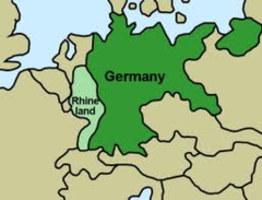 <p>A region in Germany designated a demilitarized zone by the Treaty of Versailles; Hitler violated the treaty and sent German troops there in 1936</p>