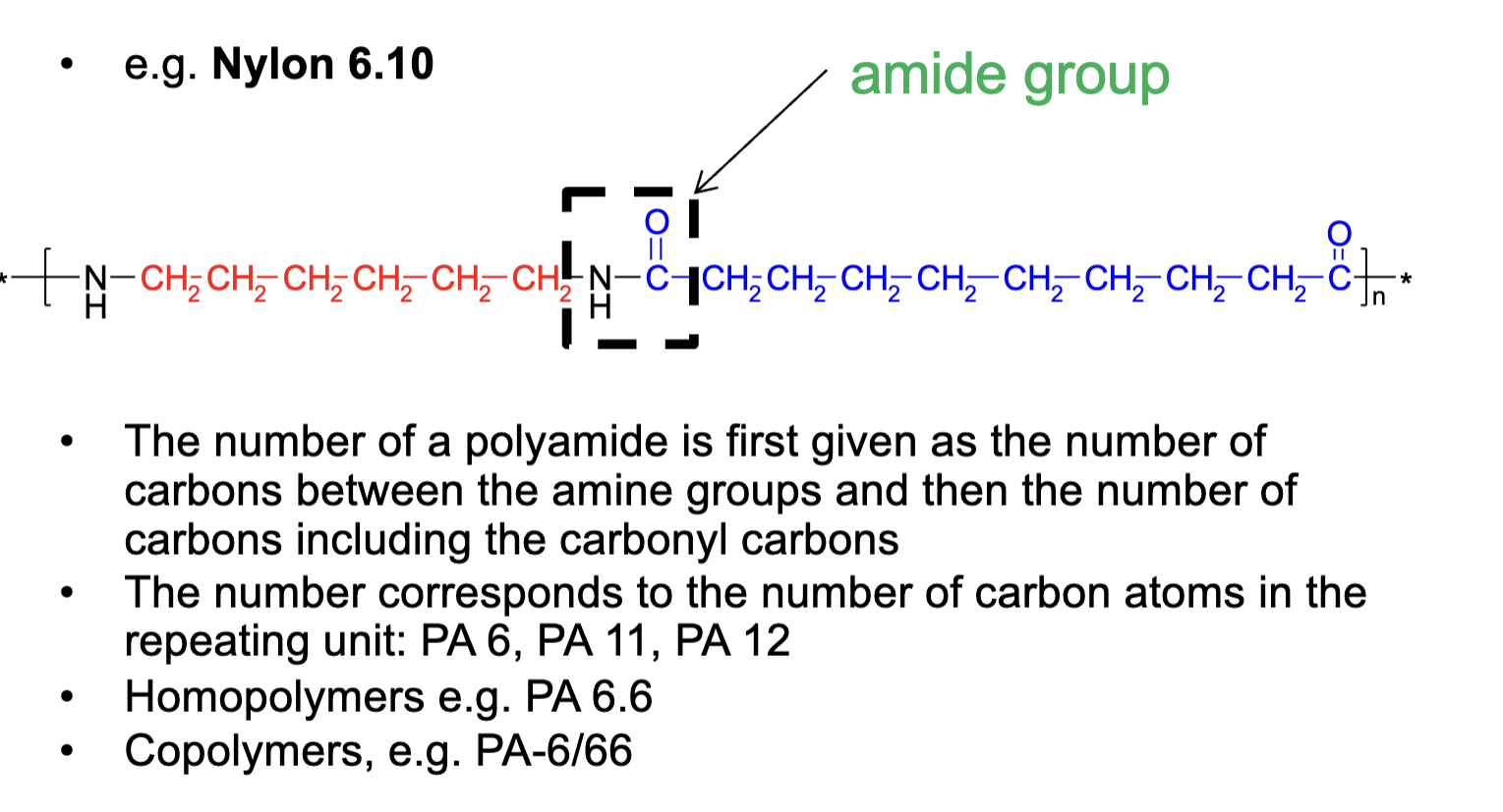 <p>The <strong>amide group –CONH–</strong>, which enables strong <strong>intermolecular hydrogen bonding</strong>.</p>
