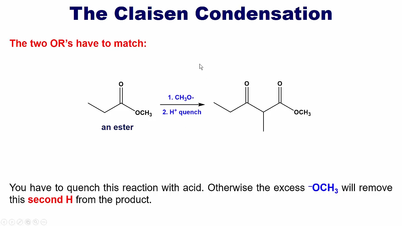 <p>Involves <strong>esters </strong>instead of <strong>aldehydes or ketones.</strong></p><p></p><ol><li><p><strong>RO-</strong></p></li><li><p><strong>H+ Quench</strong></p></li></ol><p></p><p><strong>RO- group MUST </strong>be the same as the <strong>ester </strong></p><p></p>