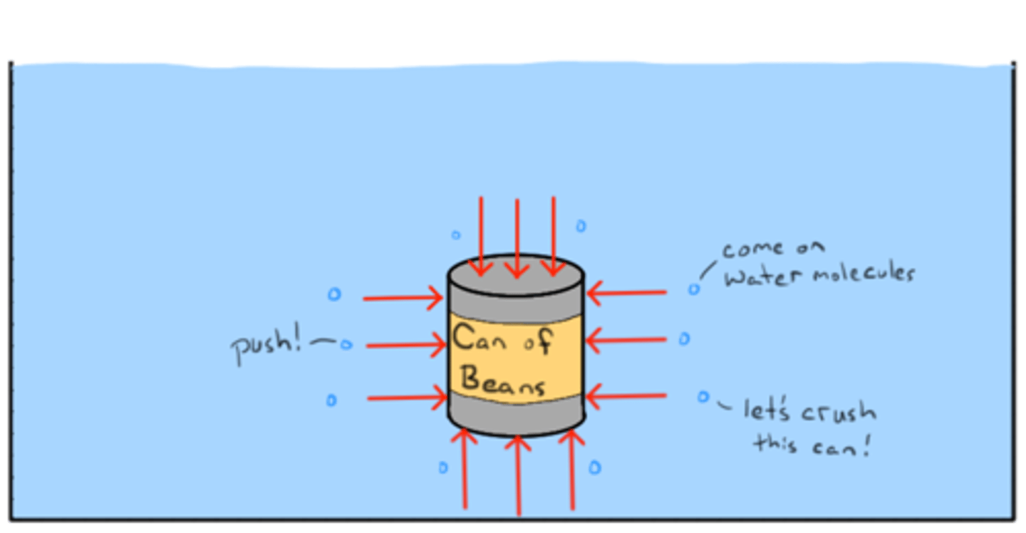<p>P = F/A</p><p>pressure = force/area</p><p>Pressure is exerted by a fluid on the walls of its container and on objects placed in the fluid</p><p>https://www.khanacademy.org/science/physics/fluids/density-and-pressure/a/pressure-article</p>