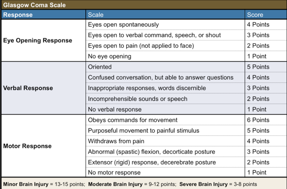<p>LOC:</p><ol><li><p>eye opening</p></li><li><p>verbal response</p></li><li><p>motor response</p></li></ol><p></p><ul><li><p><span style="color: rgb(38, 123, 77);"><strong>13+: normal</strong></span> or mild brain injury</p></li><li><p><span style="color: rgb(108, 96, 219);"><strong>9-12: moderate</strong></span> injury</p></li><li><p><span style="color: rgb(219, 28, 28);"><strong>< 8: severe brain</strong></span> injury/ coma</p></li></ul><p></p>
