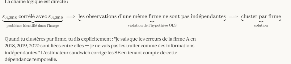 <p>La solution : choisir le bon niveau de clustering</p><p></p><p><strong><br>Clustering → Corrige les erreurs standard (inférences)</strong></p><p>Même avec FE firme, εᵢₜ peut être corrélé avec εᵢₜ₋₁ (autocorrélation résiduelle). Le FE firme supprime fᵢ mais pas cette corrélation sérielle → cluster firme pour SE correctes.</p><p><br></p><p class="font-claude-response-body break-words whitespace-normal leading-[1.7]">L'idée centrale du clustering est simple :</p><p></p><figure data-type="blockquoteFigure"><div><blockquote><p class="font-claude-response-body break-words whitespace-normal leading-[1.7]">On autorise les erreurs à être corrélées <strong>à l'intérieur</strong> d'un groupe, mais on suppose qu'elles sont indépendantes <strong>entre</strong> groupes.</p></blockquote><figcaption></figcaption></div></figure><p></p><p class="font-claude-response-body break-words whitespace-normal leading-[1.7]">Le groupe, c'est le <strong>cluster</strong>. Entre clusters, tu as de vraies informations indépendantes. À l'intérieur d'un cluster, tu as des observations redondantes.</p><p></p><div data-type="horizontalRule"><hr></div><p>Comment choisir le niveau de clustering</p><p class="font-claude-response-body break-words whitespace-normal leading-[1.7]">Le principe est : <strong>cluster au niveau le plus agrégé où ta variable clé varie</strong>.</p><p></p><table style="min-width: 75px;"><colgroup><col style="min-width: 25px;"><col style="min-width: 25px;"><col style="min-width: 25px;"></colgroup><tbody><tr><th colspan="1" rowspan="1" style="box-sizing: border-box; margin: 0px; padding: 6px 10px; font-weight: 500; text-align: left; border-bottom: 0.909091px solid rgba(31, 30, 29, 0.15);"><p><strong>Contexte</strong></p></th><th colspan="1" rowspan="1" style="box-sizing: border-box; margin: 0px; padding: 6px 10px; font-weight: 500; text-align: left; border-bottom: 0.909091px solid rgba(31, 30, 29, 0.15);"><p><strong>Niveau de cluster recommandé</strong></p></th><th colspan="1" rowspan="1" style="box-sizing: border-box; margin: 0px; padding: 6px 10px; font-weight: 500; text-align: left; border-bottom: 0.909091px solid rgba(31, 30, 29, 0.15);"><p><strong>Raisonnement</strong></p></th></tr><tr><td colspan="1" rowspan="1" style="box-sizing: border-box; margin: 0px; padding: 6px 10px; border-bottom: 0.909091px solid rgba(31, 30, 29, 0.15);"><p>Régression cross-sectionnelle firmes-industries</p></td><td colspan="1" rowspan="1" style="box-sizing: border-box; margin: 0px; padding: 6px 10px; border-bottom: 0.909091px solid rgba(31, 30, 29, 0.15);"><p>Industrie</p></td><td colspan="1" rowspan="1" style="box-sizing: border-box; margin: 0px; padding: 6px 10px; border-bottom: 0.909091px solid rgba(31, 30, 29, 0.15);"><p>Une variable varie au niveau industrie → cluster à ce niveau</p></td></tr><tr><td colspan="1" rowspan="1" style="box-sizing: border-box; margin: 0px; padding: 6px 10px; border-bottom: 0.909091px solid rgba(31, 30, 29, 0.15);"><p>Panel firmes-années (variable industrie-année)</p></td><td colspan="1" rowspan="1" style="box-sizing: border-box; margin: 0px; padding: 6px 10px; border-bottom: 0.909091px solid rgba(31, 30, 29, 0.15);"><p>Industrie (pas industrie-année !)</p></td><td colspan="1" rowspan="1" style="box-sizing: border-box; margin: 0px; padding: 6px 10px; border-bottom: 0.909091px solid rgba(31, 30, 29, 0.15);"><p>Les chocs sectoriels persistent dans le temps → cluster industrie permet la corrélation temporelle</p></td></tr><tr><td colspan="1" rowspan="1" style="box-sizing: border-box; margin: 0px; padding: 6px 10px; border-bottom: 0.909091px solid rgba(31, 30, 29, 0.15);"><p>Panel firmes-années (variable firme-année)</p></td><td colspan="1" rowspan="1" style="box-sizing: border-box; margin: 0px; padding: 6px 10px; border-bottom: 0.909091px solid rgba(31, 30, 29, 0.15);"><p>Firme</p></td><td colspan="1" rowspan="1" style="box-sizing: border-box; margin: 0px; padding: 6px 10px; border-bottom: 0.909091px solid rgba(31, 30, 29, 0.15);"><p>La taille, levier etc. ont une forte autocorrélation → cluster firme</p></td></tr><tr><td colspan="1" rowspan="1" style="box-sizing: border-box; margin: 0px; padding: 6px 10px; border-bottom: none;"><p>Variable variant au niveau état/pays</p></td><td colspan="1" rowspan="1" style="box-sizing: border-box; margin: 0px; padding: 6px 10px; border-bottom: none;"><p>État / pays</p></td><td colspan="1" rowspan="1" style="box-sizing: border-box; margin: 0px; padding: 6px 10px; border-bottom: none;"><p>Cluster au niveau le plus agrégé de variation du régresseur clé</p></td></tr></tbody></table><p class="font-claude-response-body break-words whitespace-normal leading-[1.7]">même industrie bougent ensemble.</p>
