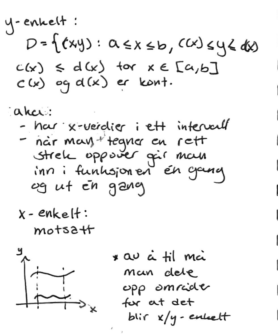 <p>Et område (D <span style="line-height: normal;">∈</span> R²) er y-enkelt dersom:</p><ol><li><p>x ligger mellom et intervall (eks a <= x <= b)</p></li><li><p>y ligger mellom 2 funksjoner (eks c(x) <= y <= d(x))</p></li><li><p>c(x) og d(x) er kontinuerlige funksjoner</p></li><li><p>c(x) <= d(x) for alle x <span style="line-height: normal;">∈</span> [a,b]</p></li></ol><p></p><p>(motsatt for x-enkelt)</p><p></p>
