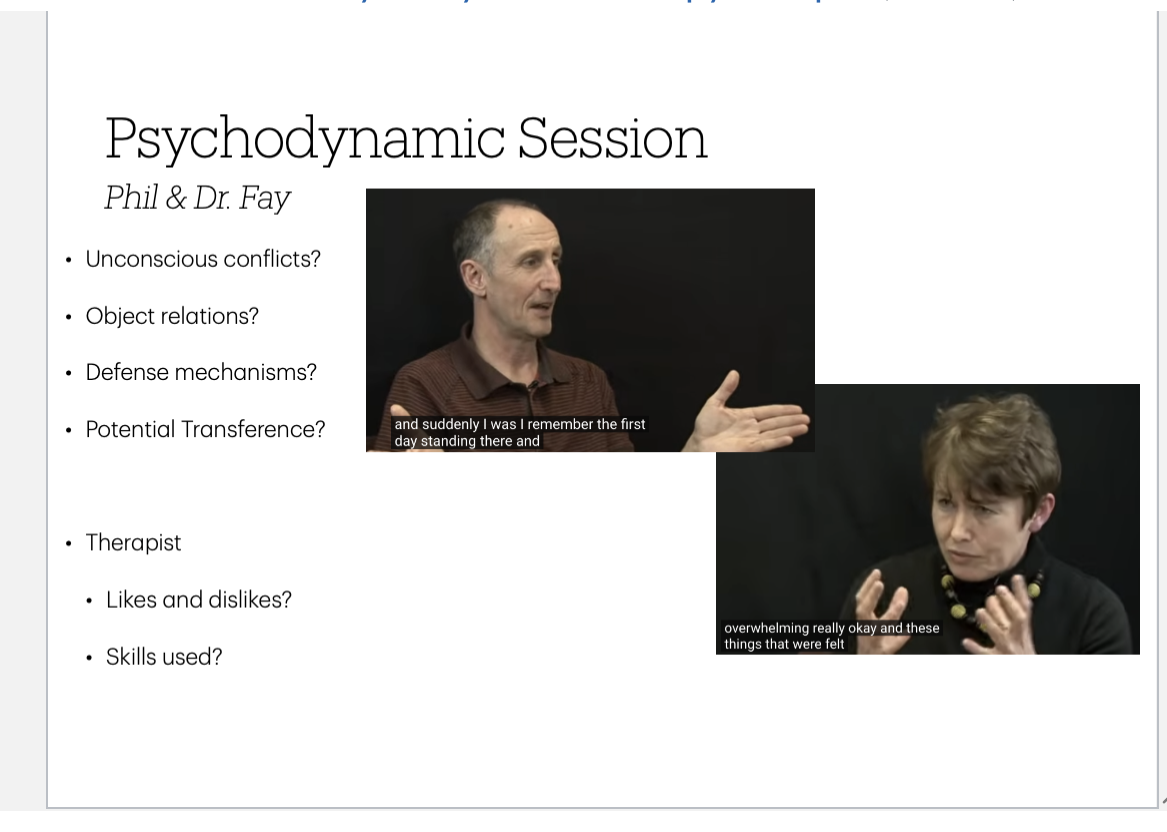 <p>• Unconscious conflicts?</p><p>• Object relations?</p><p>• Defense mechanisms?</p><p>• Potential Transference?</p><p>• Therapist</p><p>• Likes and dislikes?</p><p>• Skills used?</p>