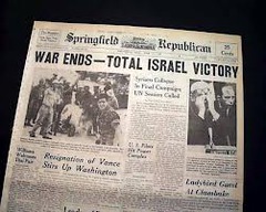 <p>Israel preemptively attacks Syria, Jordan, and Eqypt taking out air forces. Israel wins and gets Golan Heights from Syria, West Bank from Jordan, and Sinai Peninsula and Gaza form Egypt.</p>