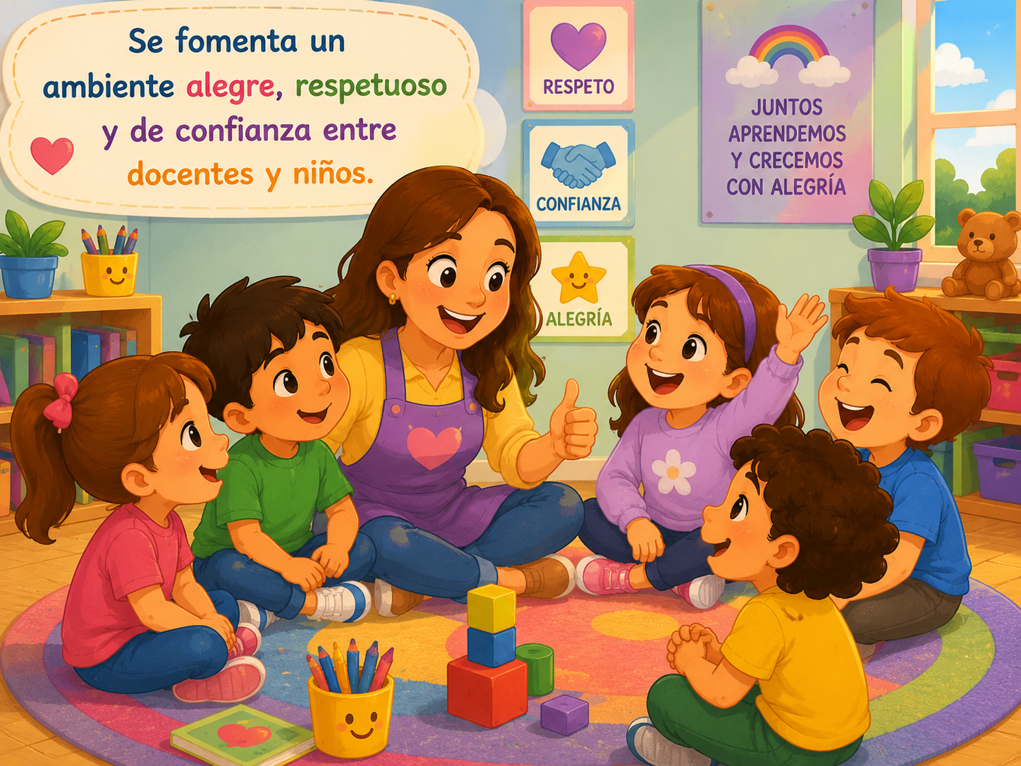 <p>Se fomenta un ambiente alegre, respetuoso y de confianza entre docentes y niños.</p>