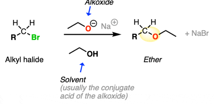 <p>This reaction is an example of an SN2 mechanism, where the alkoxide attacks the electrophilic carbon of the alkyl halide, resulting in the formation of an ether and the release of a halide ion. </p>