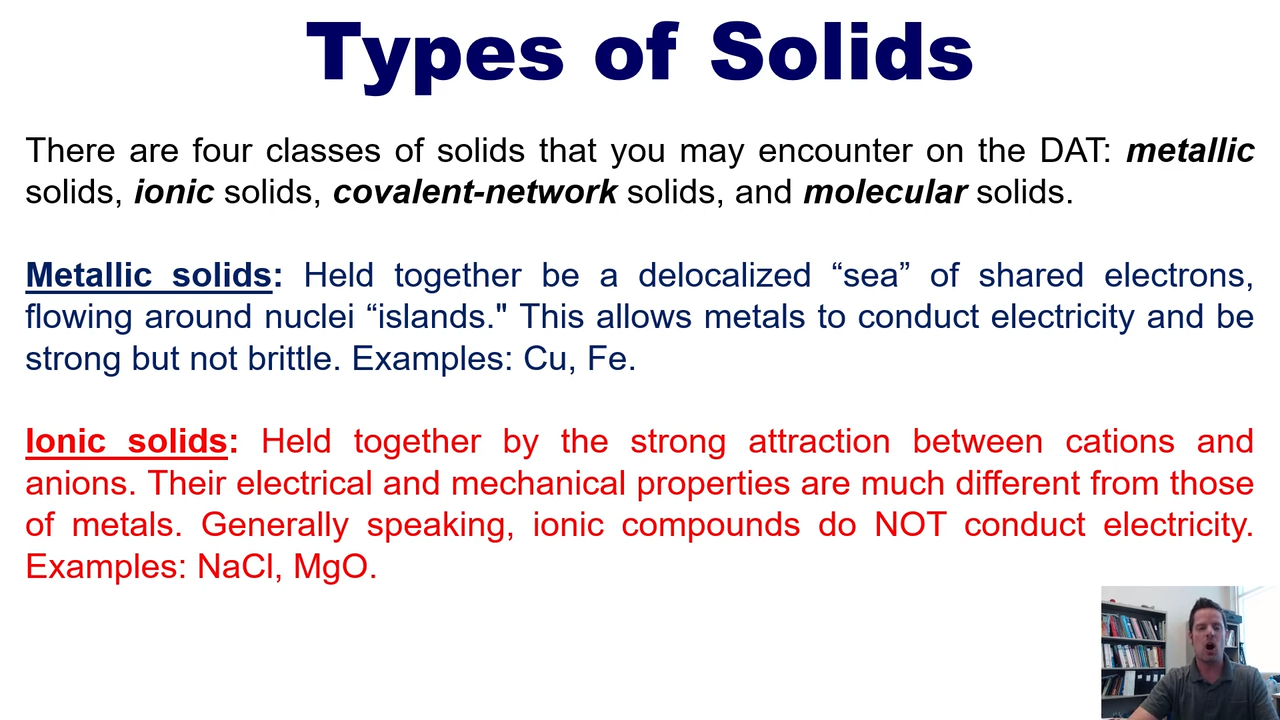 <p>held together by a strong attractions between cations and anions. </p><p></p><p>do not conduct electricity and are brittle</p>