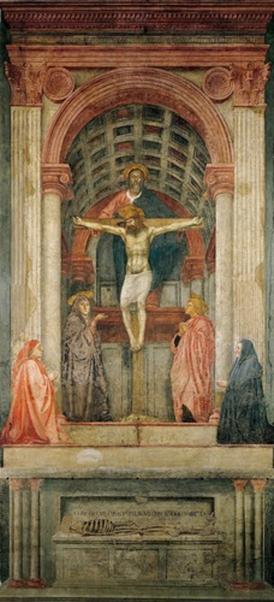<p>- medium: fresco</p><p>- sacra conversazione (“holy conversation”) to this type of composition that shows saints, angels, and sometimes even the painting’s donors in the same pictorial space with the enthroned virgin and child</p><p>- despite the name, “no conversation” is taking place</p><p>memento mori - a reminder of human mortality</p>