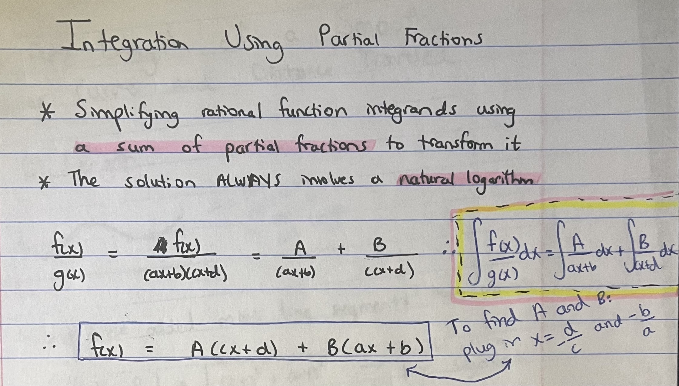 <p>Set f(x)/g(x) [which is the integrand, where g(x) is factored] equal to A/first factor faction + B/second factor</p><p></p><p>Then condense the partial fractions into one fraction and multiply both sides by the factored version of g(x) to get f(x) = A(second factor) + B(first factor)</p><p></p><p>Solve for A and by by plugging in values for x that make each factor = 0</p><p></p><p>ANSWER (THE ANTIDERIVATIVE) WILL ALWAYS INVOLVE A NATURAL LOG</p>