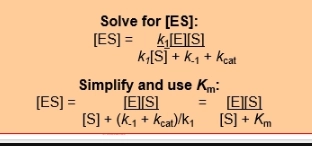 <p>(Vmax)</p><ul><li><p>maximum velocity = maximum rate of enzyme catalysis = enzyme rate at infinte substrate conc</p></li><li><p>the hypothetical idea that S immediately binds to E, catalyses the rxn, then immediately dissoaicates as P and another S immediately binds </p></li><li><p>= AS always occupied = ES conc always known to be equal to E conc = first order rxn = modelled with MM (the assumptions)</p></li></ul><p>(Km)</p><ul><li><p>the [S] at 1/2Vmax = the [S] where half AS are full, and half are enmpty, for the Enzyme</p></li><li><p>therefore is an approximation for k-1 + kcat / k1 (the rate of breakdown / the rate of formation, for ES). the simplified rate constants for the enzyme rxn, achieved when measuring V at time0</p></li><li><p>therefore this is also an approximation of the Enzymes binding affinity for the substrate, which would alter the ratio of the rate of formation vs breakdown (will breakdown at a higher rate, if lower binding affinity)</p></li><li><p>so with a higher Km = lower binding affinity (higher breakdown rate / lower formation rate = larger number)</p></li><li><p>with a lower Km = higher binding affinity (lower breakdown rate / higher formation rate = smaller number)</p></li><li><p>definitely is an approximation - as some ES breaksdown to PRODUCT rather than SUBSTRATE (characeterstic of a lower binding affinity) but Km appraoches this </p></li></ul><p></p>
