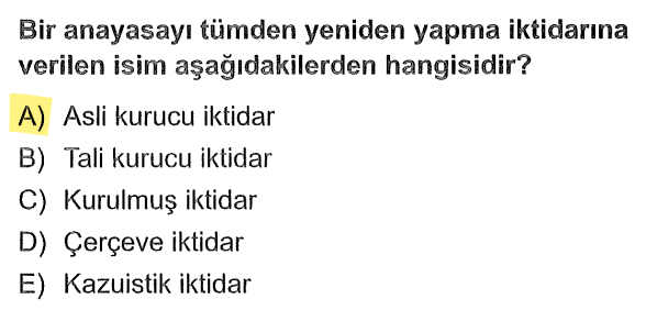 <p>Eski bir anayasayı tamamen ortadan kaldırıp yerine hiç yoktan yepyeni bir anayasa yapma gücüne asli kurucu iktidar denir.</p>