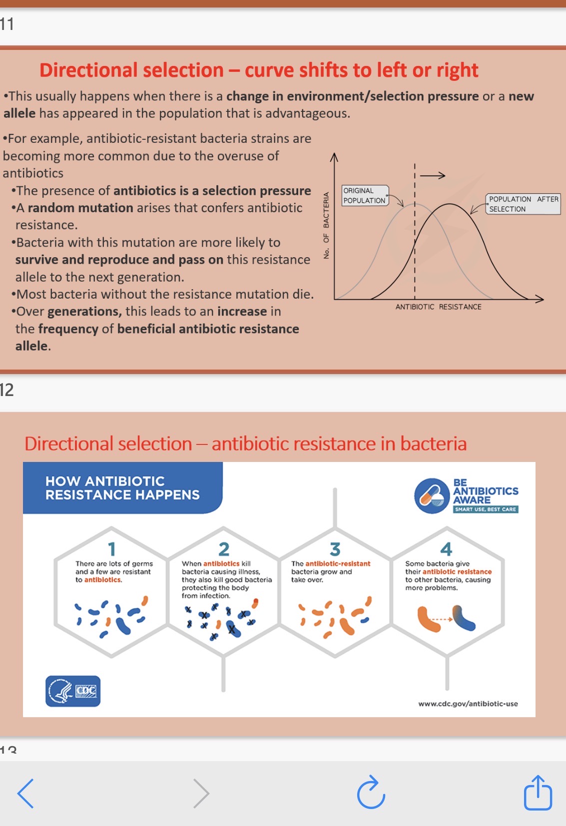 <ol><li><p>When does directional selection usually happen? (Example is below)</p></li></ol><p>•For example, antibiotic-resistant bacteria strains are becoming more common due to the …2? of antibiotics</p><p>•The presence of antibiotics is a selection …3? • A random …4? arises that confers antibiotic resistance.</p><p>•Bacteria with this mutation are more likely to survive and reproduce and pass on this resistance allele to the next …5?.</p><p>•Most bacteria without the resistance mutation die. •Over generations, this leads to an increase in the …6? of beneficial antibiotic resistance</p>