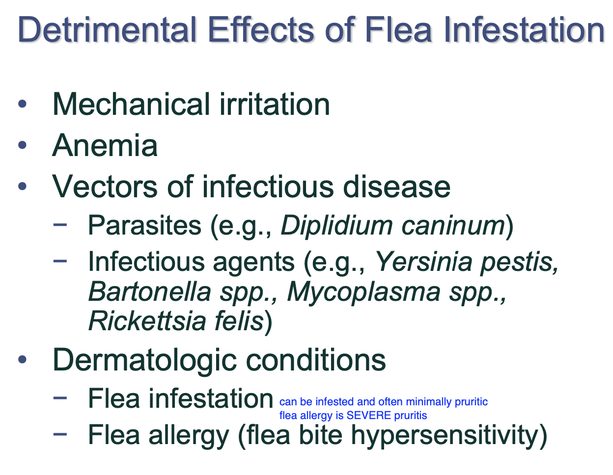 <p>Mechanical irritation.</p><p>Anemia.</p><p>Vector for infectious dz.</p><p>Derm conditions - flea infestation and flea allergy.</p>