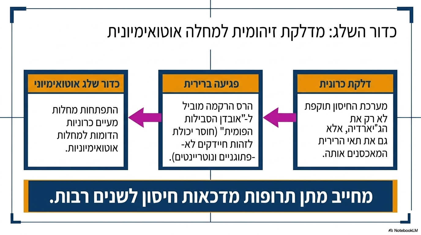 <ul><li><p><strong>מנגנון הדלקת הכרונית:</strong> הטפיל גורם לגירוי כרוני מתמשך של המוקוזה, המוביל להגעה מסיבית של תאי מערכת החיסון (לימפוציטים ואאוזונופילים).</p></li><li><p><strong>פגיעה עצמית ברירית:</strong> בסופו של דבר, הדלקת הכרונית מופעלת לא רק נגד הג'יארדיה עצמה, אלא גם <strong>נגד תאי הרירית של המאכסן</strong> שבהם נמצא הטפיל.</p></li><li><p><strong>אובדן הסבילות הפומית:</strong> הפגיעה ברירית פוגעת ביכולת של המעי לזהות ולנטרל נוטריינטים וחיידקים שאינם פתוגניים. מצב זה יוצר "כדור שלג" המוביל למחלות הדומות למחלות אוטואימוניות.</p></li><li><p><strong>השלכות הטיפול:</strong> מחלות כרוניות אלו מחייבות מתן תרופות <strong>מדכאות חיסון למשך שנים רבות</strong>.</p></li></ul><p></p>