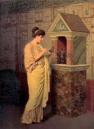 <p>the sacred place of the home where offerings and prayers are made to the gods</p>
