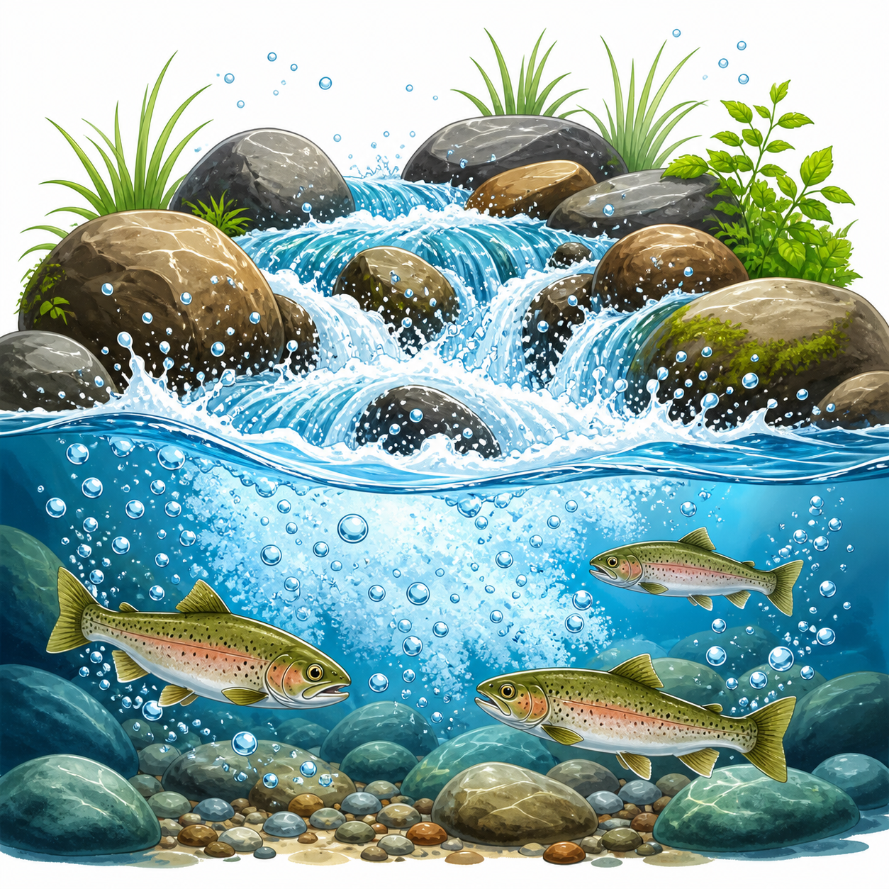 <p>Freshwater that contains more oxygen because air mixes in as the water flows.</p>