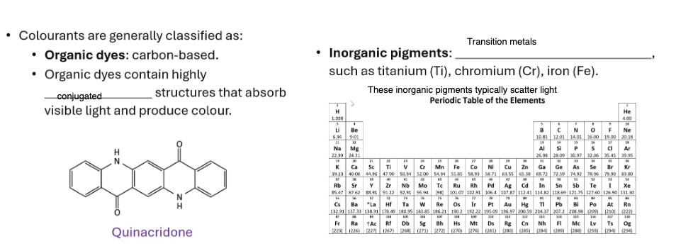 <ul><li><p>Organic dyes: contain Carbon and highly conjugated structures that absorb visible light and produce color</p></li><li><p>Inorganic pigments: transition metals like Titanium, Chromium, Iron, which just scatter light</p></li></ul><p></p>