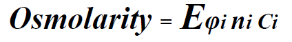 <p>Describes the total number of solute particles in relation to the volume of the solution. Unit is osmoles per liter (osm/L).</p><p>Where phi represents the osmotic coefficient, which depends on the degree of dissociation of the dissolved substance. This value is usually between 0 and 1, with 1 indicating complete dissociation of a compound. However, the value may be higher than 1, as is the case with saccharose.</p><p>-[n] represents the quantity of ionic particles formed after dissociation.</p><p>C represents the molar concentration of the dissolved substance.</p><p>Index i identifies dissolved substances. </p><p><span style="color: rgb(154, 154, 154);"><em>“Osmoles” refers to the</em><strong><em>&nbsp;number</em></strong><em>&nbsp;of&nbsp;</em></span><span style="color: rgb(154, 154, 154);"><em>particles that contribute to the osmotic pressure of a solution.</em></span></p>