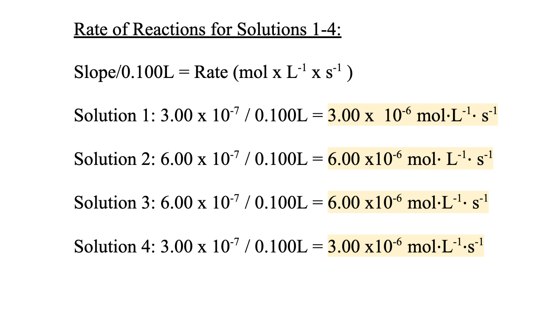 <p><span style="background-color: transparent; font-family: "Times New Roman", serif;">Slope/0.100L = Rate (mol x L<sup>-1</sup> x s<sup>-1</sup> )</span></p>