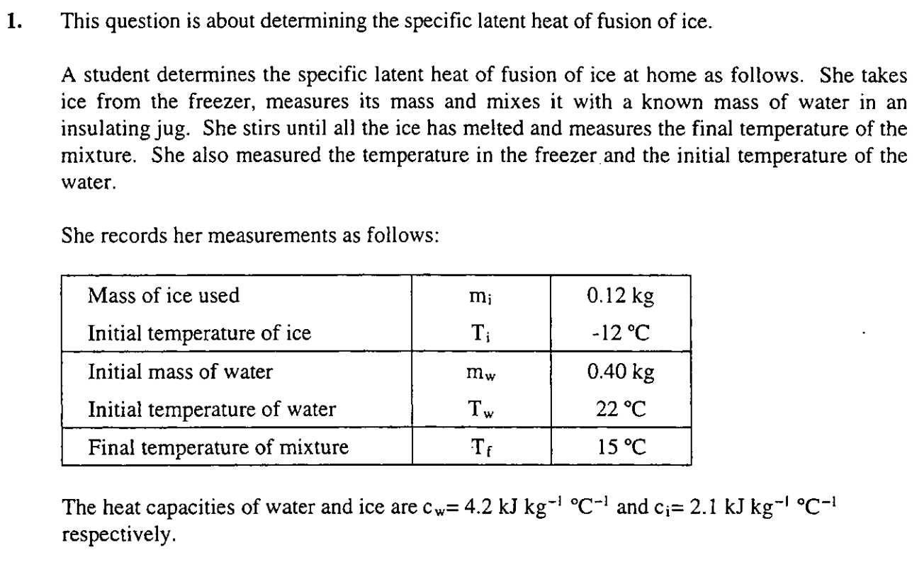 <p>a) Set up the appropriate equation, representing energy transfers during the process of coming to thermal equilibrium, that will enable her to solve for the specific latent heat of ice. Insert values into the equation from the data, but do not solve the equation.</p><p>b) Explain the physical meaning of each energy transfer term in your equation (but not each symbol)</p><p>c) Sate an assumption you have made about the experiment, in setting up your equation in (a)</p><p>d) Explain from the microscopic point of view, in terms of molecular behavior, why the temperature of the ice does not increase while its melting.</p>