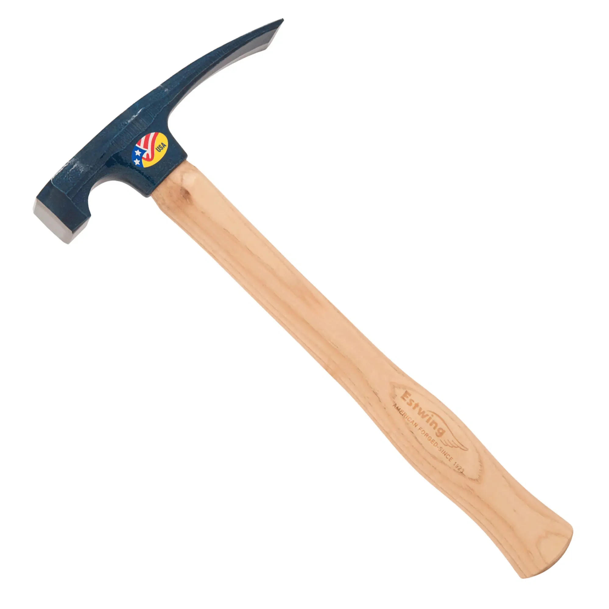 <p>A masonry hammer with a wedge-shaped cutting end and a flat striking face, used for scoring, cutting, and tapping bricks into position.</p>