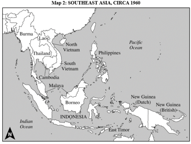 <p>On <span>Map 2</span>, the new divisions of mainland Southeast Asia in the region that had been French Indochina best reflect which of the following developments?</p>