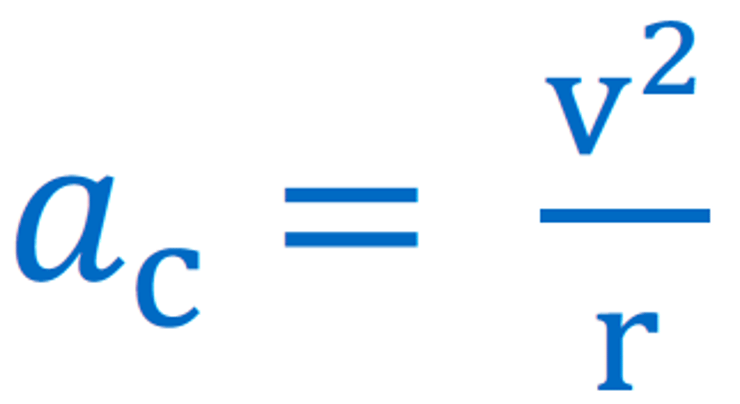 <p>ac= v^2/r</p><p>https://www.khanacademy.org/science/physics/centripetal-force-and-gravitation/centripetal-acceleration-tutoria/a/what-is-centripetal-acceleration</p>