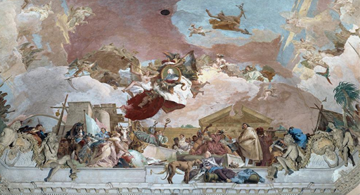 <ul><li><p>fresco - largest</p><ul><li><p>not rlefious muruas</p></li><li><p>mytical goids + apollo + aristorcart = same plane as gods</p><ul><li><p>has europe + asia + africa</p></li><li><p>aspects - shows Hasburg wealth</p></li></ul></li></ul></li></ul><p></p><p><br>- painting celebrates sun god Apollo + aristocrats (placed together); shows different colonies where they got wealth from; architect is sleeping/relaxing</p><p></p>