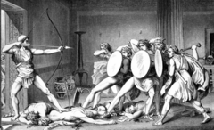 <p>While everyone is shocked, Odysseus starts killing the suitors, kept trapped by Telemachus and the servants.</p>