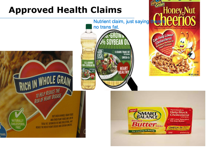 <p>Advertises relationship between a food and reduced risk of a disease or a health condition</p><ul><li><p>Needs FDA approval based on supported research </p></li><li><p>Ex: Can help lower cholesterol ; Hearth Healthy</p></li></ul><p></p>