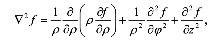 <p>AZIMUTH: solutions are Φ(φ) = A sin(mφ) + B cos(mφ) but this time m=0 or m>0 only, m=0 gives azimuthal symmetry, m>0 describes wedges held at alternating potentials</p><p>TRANSLATIONAL: when Z’’ = -k²Z you get Z(z) = A sin(kz) + B cos(kz), this describes a cylinder with grounded end-caps and gives standing waves along the length, when Z’’ = k²Z you get Z(z) = A sinh(kz) + B cosh(kz) and this describes an infinitely long cylinder or a cylinder with a non-grounded end-cap; when k = 0 you get either linear or constant Z (Az + B), when there is translational symmetry (aka infinitely long/uniform system) then A=0</p><p>RADIAL: you get ρ²R’’ + ρR’ + (+-k²ρ² - m²)R = 0; now this is the same k² so when Z(z) is exponential then R(ρ) = A J<sub>m</sub>(kρ) + B Y<sub>m</sub>(kρ), when Z(z) is oscillatory then you get R(ρ) = A I<sub>m</sub>(kρ) + B K<sub>m</sub>(kρ), when there is no z-dependence (translational symmetry) then k=0 and either m>0 (solutions become R(ρ)=A ρ<sup>m</sup> + B ρ<sup>-m</sup>) or m=0 (solutions become R(ρ) = A ln(ρ) + B)</p>