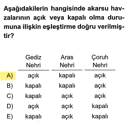 <p><strong>Gediz:</strong> Ege Denizi'ne döküldüğü için <strong>Açık Havza</strong>.</p><p><strong>Aras:</strong> Hazar Denizi'ne (aslında bir göldür) döküldüğü için denize ulaşamaz, <strong>Kapalı Havza</strong>.</p><p><strong>Çoruh:</strong> Batum'dan Karadeniz'e döküldüğü için <strong>Açık Havza</strong>.</p>