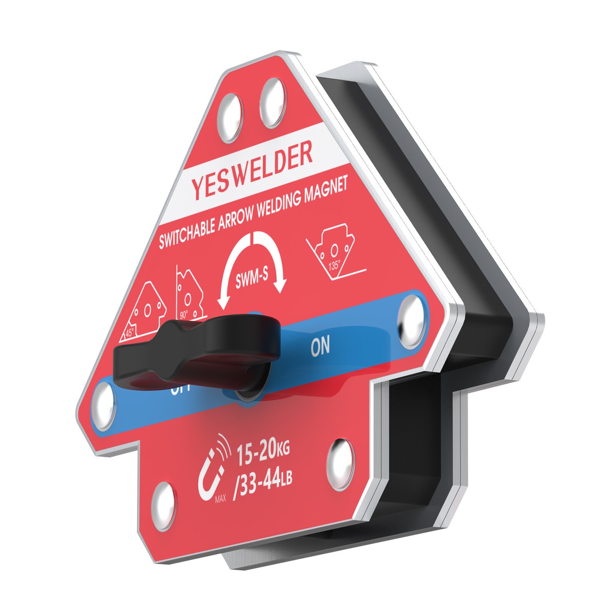 <p>Magnetic positioning device with an on/off switch used to temporarily hold and align metal pieces at set angles during welding or fabrication work.</p>