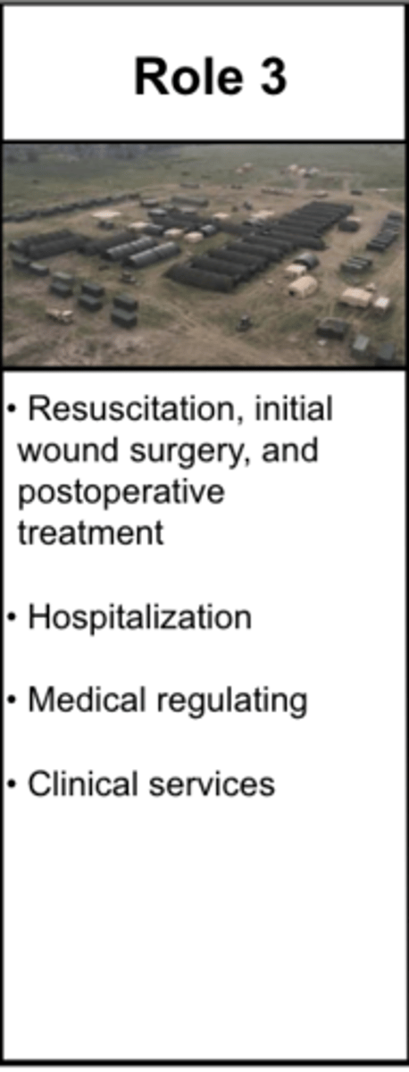 <p>resuscitation, initial wound surgery, and postoperative treatment</p><p>hospitalization</p><p>medical regulating</p><p>clinical services</p><p>field hospital</p>