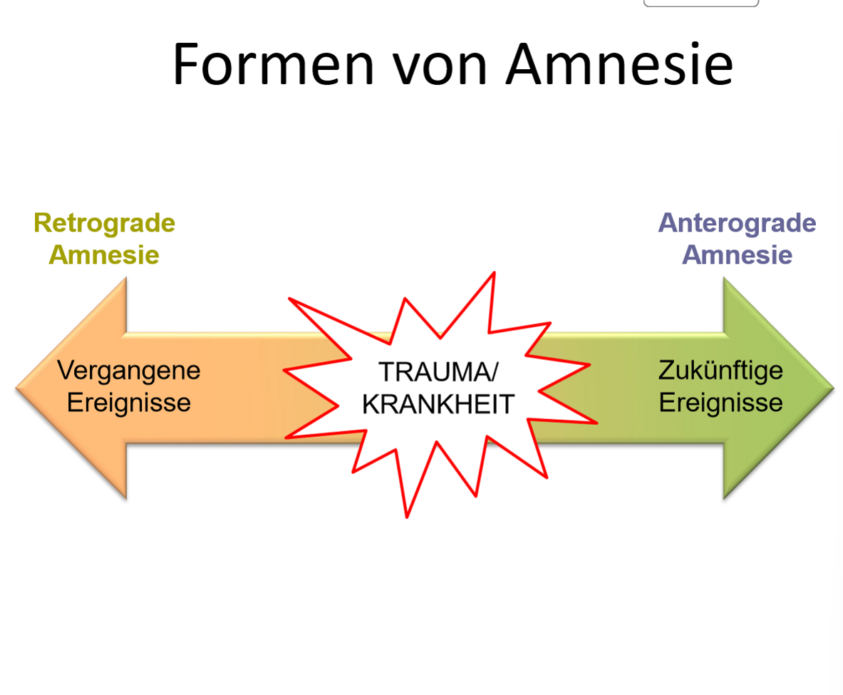 <p><span style="background-color: rgb(178, 162, 199);"><strong>Anterograde Amnesie:</strong></span></p><ul><li><p>Anterograde Amnesie bezieht sich auf die Beeinträchtigung beim Erinnern von Ereignissen, welche nach dem Ereignis, das zur Amnesie führte, erlebt wurden<br>=> Kann sich keine neue Erlebnisse merken</p></li></ul><p></p>