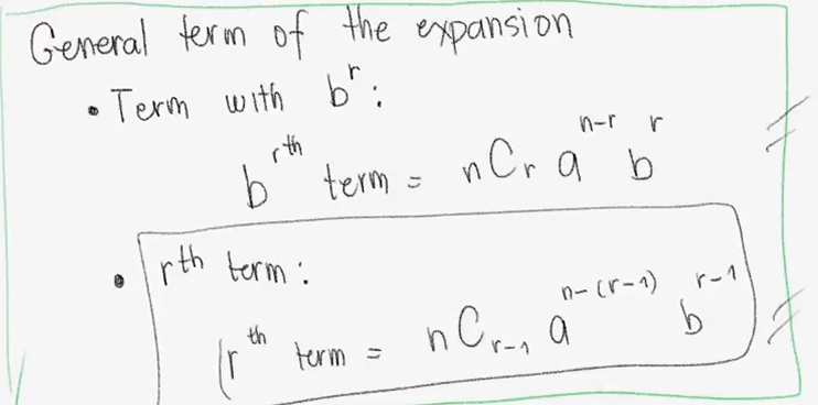 <p>Note: <br>-Brth term - used to expand the function</p><p>-rth term - used to get the specific term</p><p></p><p></p><p>variables:</p><p>n = exponent</p><p>r = term we’re looking </p><p>a = 1st term</p><p>b = 2nd term</p>