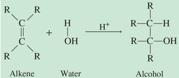 <p>hydration (add H<sub>2</sub>O to a double bond), or reduction of aldehydes and ketones (add H<sub>2</sub> and reduce number of C-O bonds)</p>