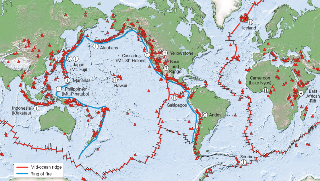 <p><span>The image shows the distribution of volcanoes around the world. Based on the information on this figure, which statement BEST describes where most volcanoes are found?</span></p>