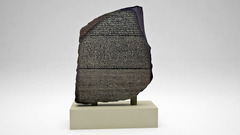 <p>Same text (copy of a decree) written in Greek, Demotic (late Egyptian) and formal hieroglyphic</p>