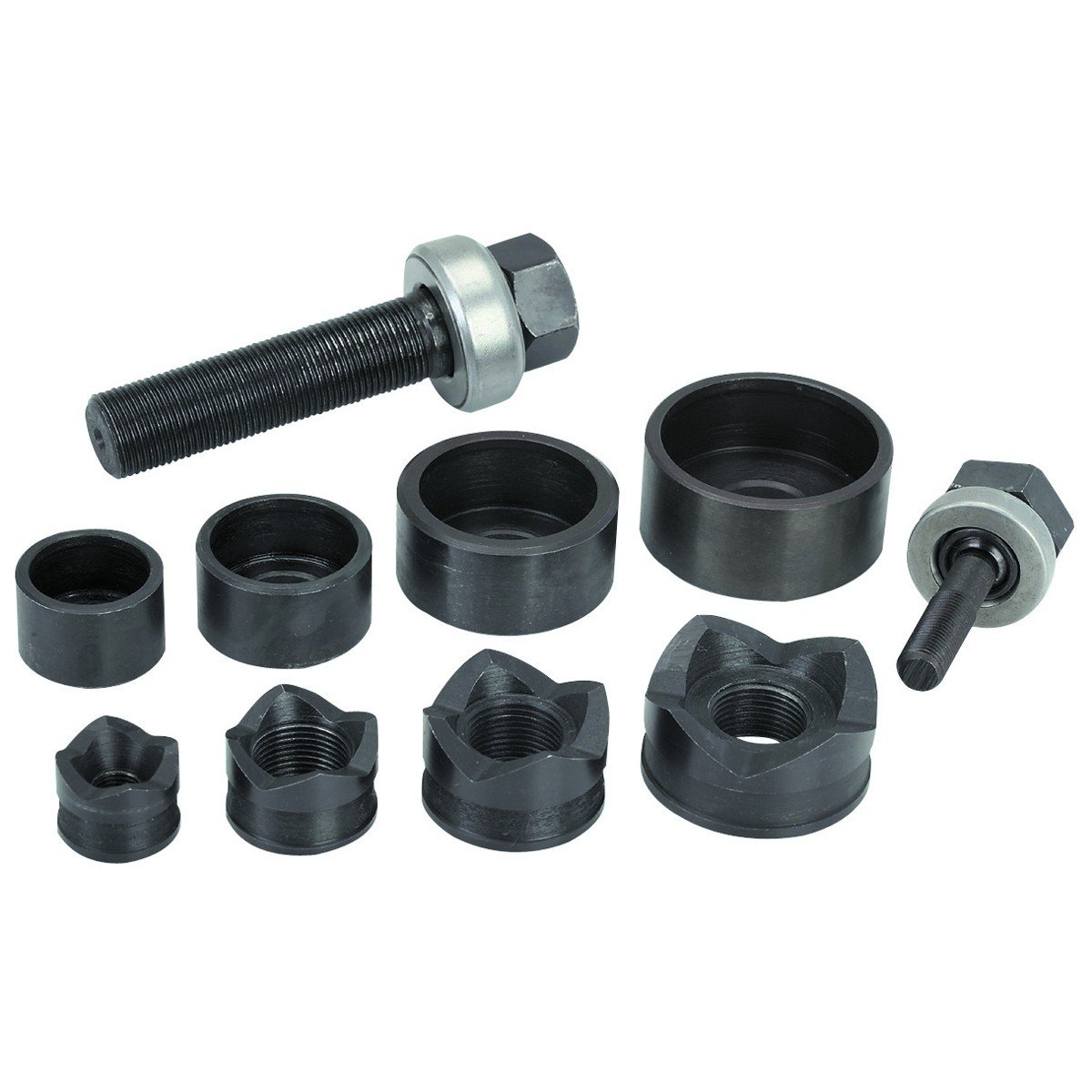 <p>A metal cutting tool with dies and a draw bolt that pulls a cutting head through panels, creating clean holes for conduit connections.</p>