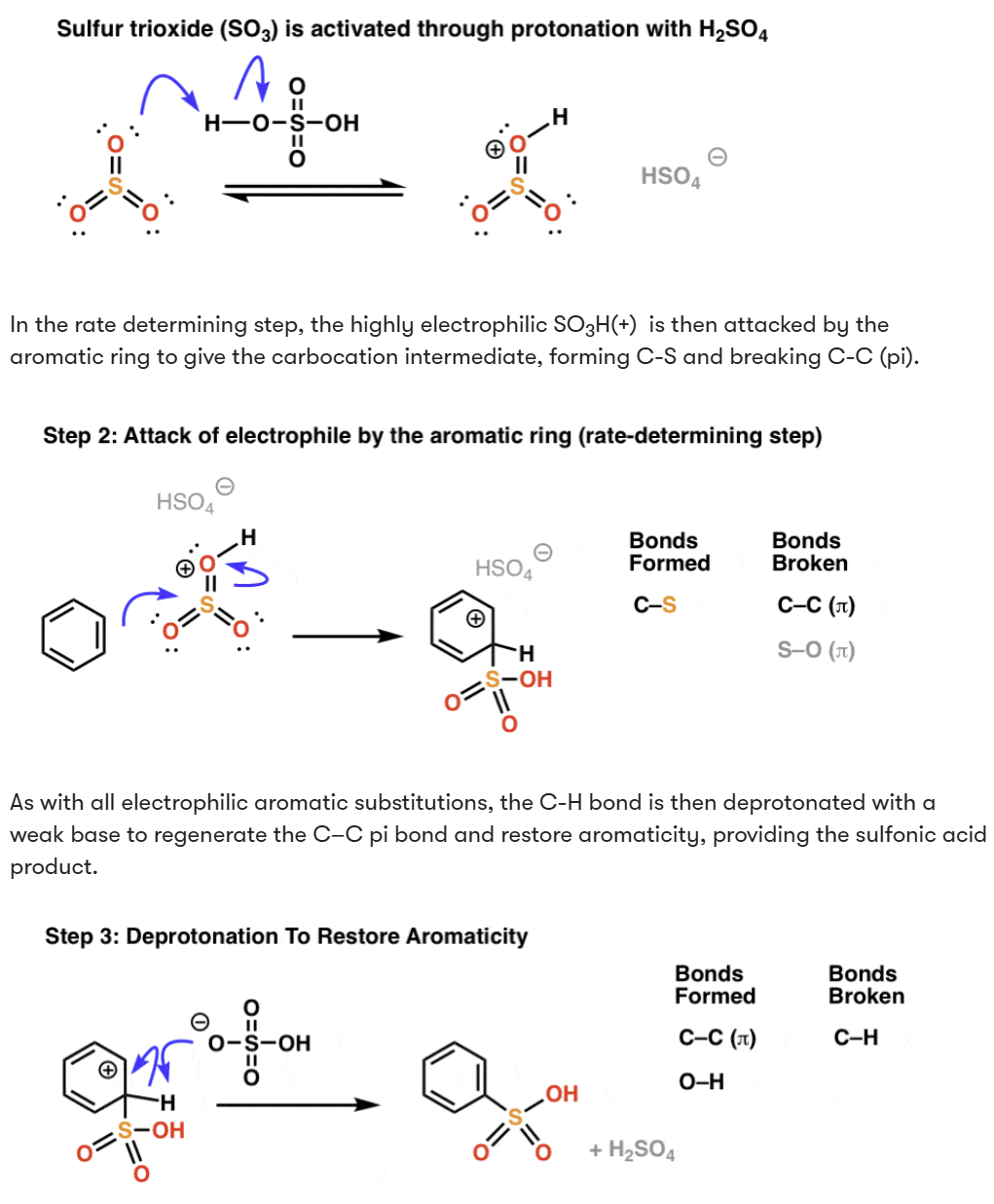 <ol><li><p>sulfur trioxide is activated by fuming H2SO4</p></li><li><p>rate determining step: attack of electrophile by aromatic ring</p></li><li><p>deprotonate to restore aromaticity</p></li></ol><p></p>
