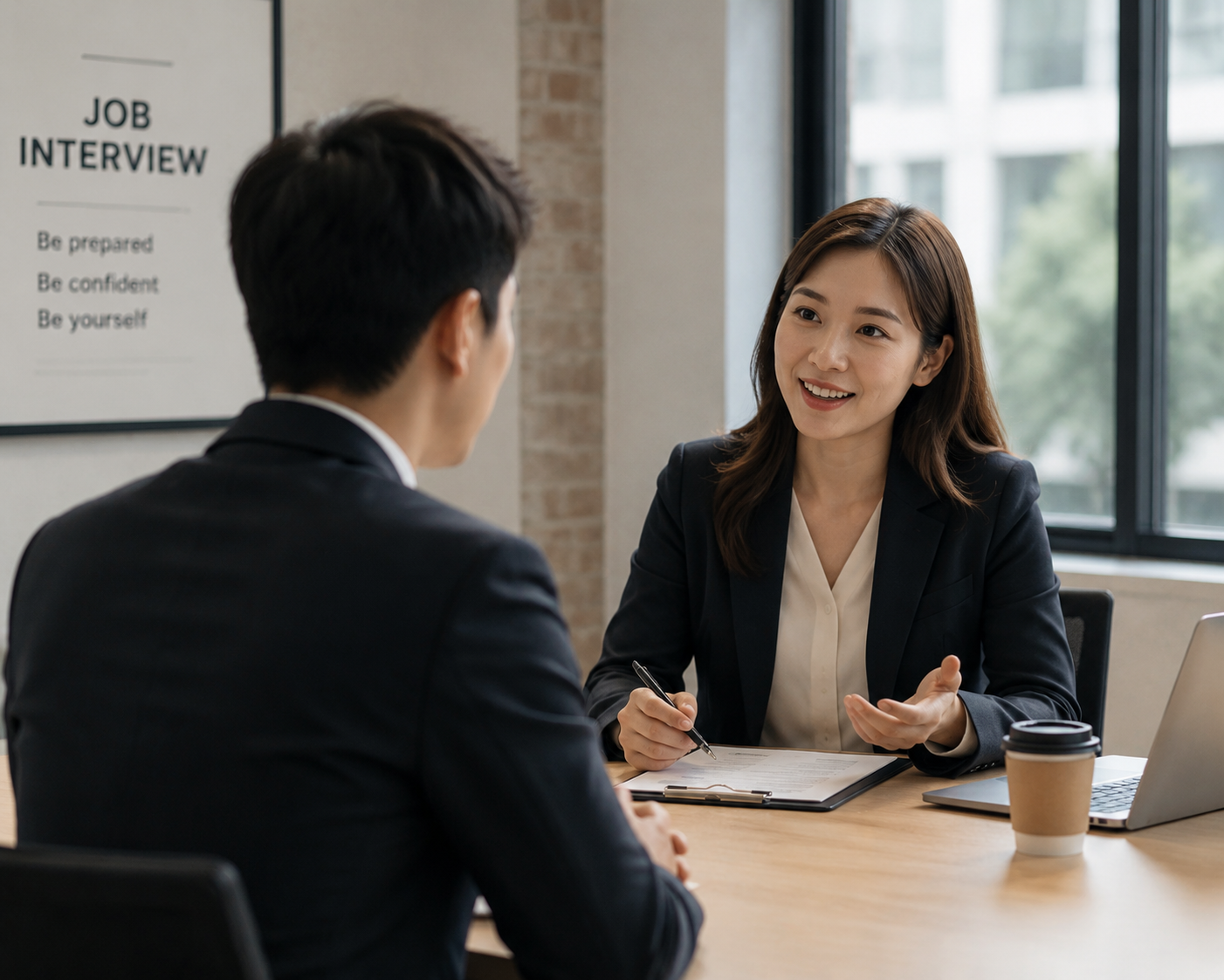 <p>job interview (noun phrase)</p>