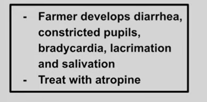 <p>organophosphate poisoning is cholinergic poisoning (acetylcholinesterase inhibitor)<br>Atropine + pralidoxime</p>