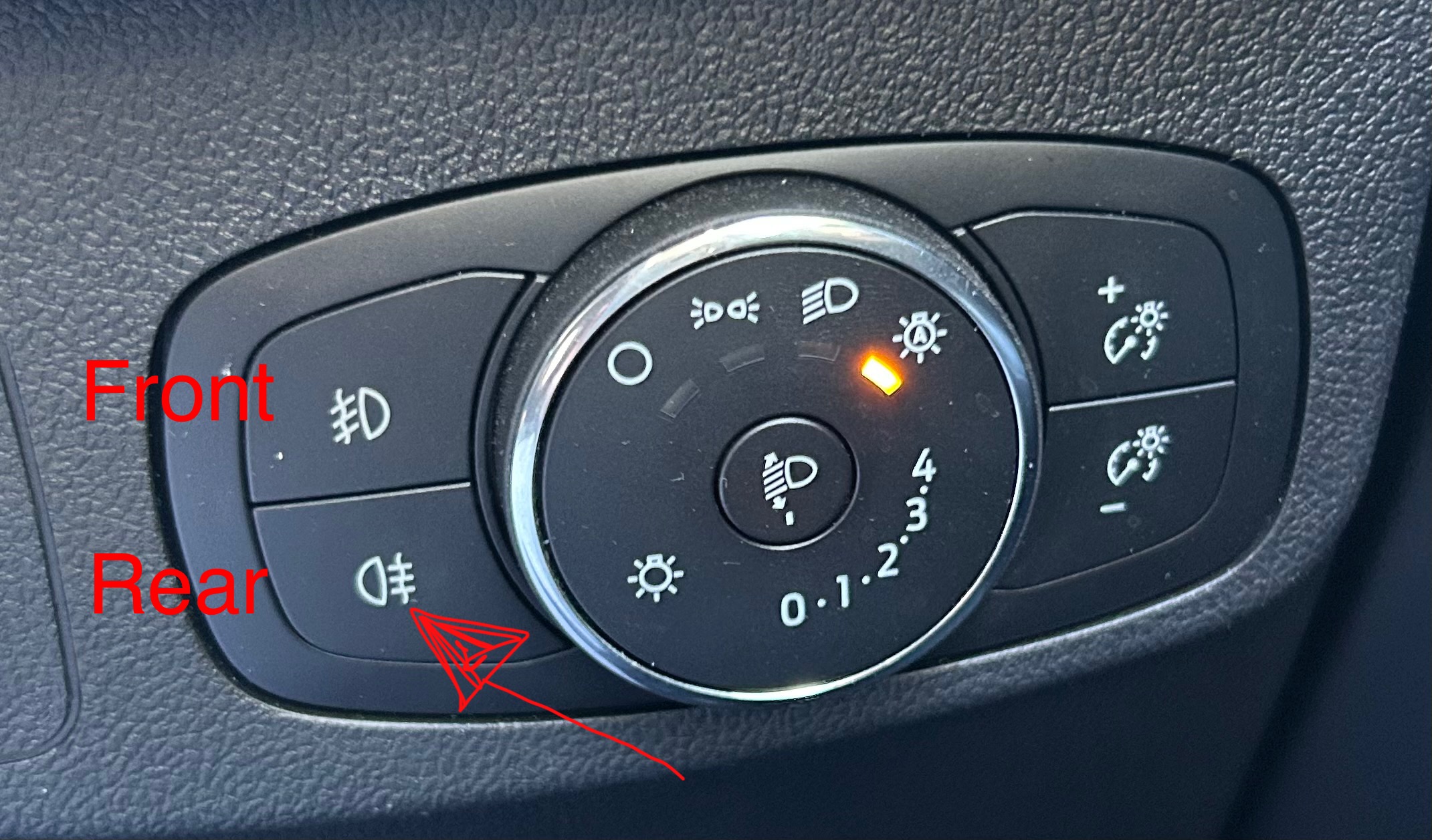 <p>Press bottom fog light button to turn on rear fog lights (Operate switch (turn on dipped headlights and ignition if necessary).</p><p>Check warning light is on.</p><p>I would use rear fog lights if visibility is seriously reduced. 100m or less</p>