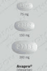 <p>irbesartan</p><p>75 - 150 -300mg/day</p>