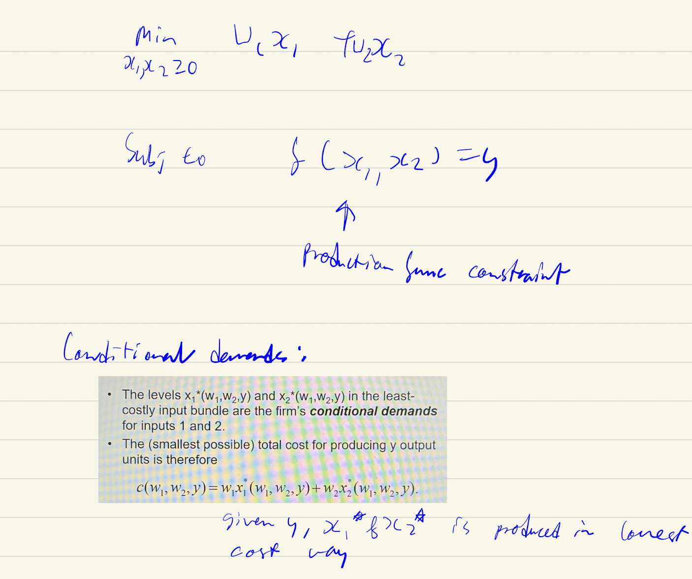 <p>Another method for profit max where we minimise cost<br><br>Slope of isocost (all ways production costs=-w1/w2) = slope of isoquant (all ways firm can produce-TRS=-mp1/mp2) → Find X2* and plug into production func → solve of X1*, Plug X1* into X2* → now you will know combination given how much (y) want to produce<br><br></p>