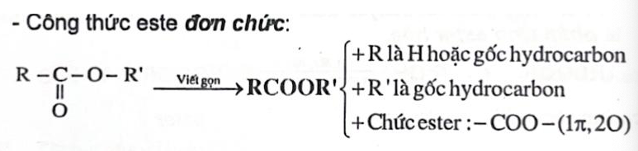 <p><span style="line-height: 16.866667px;">C<sub>n</sub>H<sub>2n+1</sub>COOC<sub>m</sub>H<sub>2m+1</sub> hay C<sub>n</sub>H<sub>2n</sub>O<sub>2</sub> (n ≥2)</span></p><p>Viết ngược: R'OOCR hay R'OCOR</p>