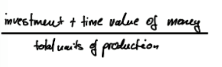 <ul><li><p>how expensive a product is over its entire life cycle (e.x. electricity - wind vs. solar)</p></li><li><p>average prices should be higher than levelized costs</p></li></ul><p></p>